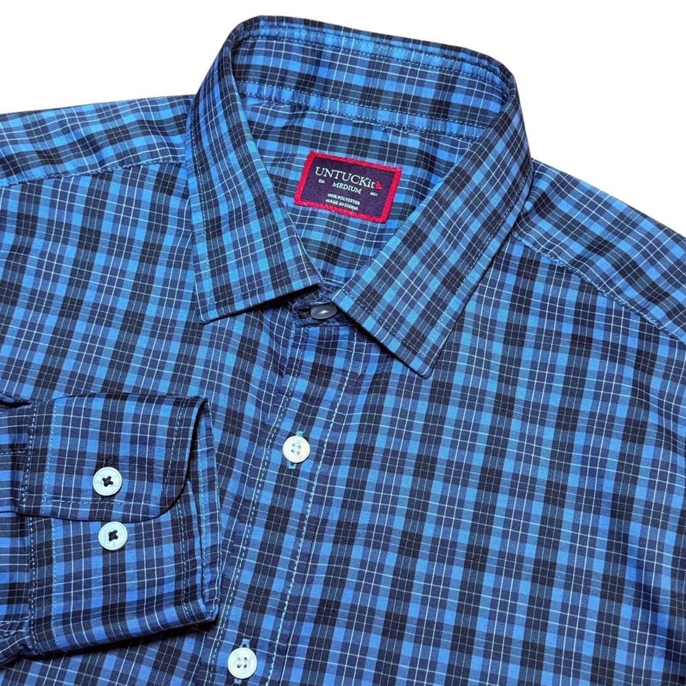 UNTUCKit Baden Mens Medium Blue Plaid Button Down Shirt Long‎ Sleeve Office